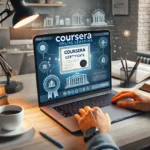 A professional and engaging featured image for a blog post about Coursera showcasing online learning. The image should include a aptop with a Course