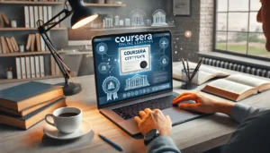 A professional and engaging featured image for a blog post about Coursera showcasing online learning. The image should include a aptop with a Course